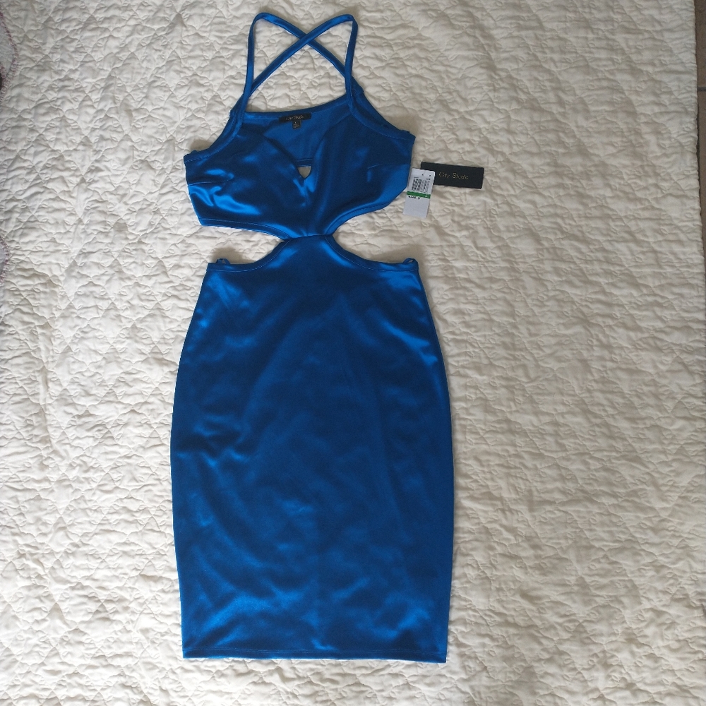 Blue Satin Look Mini Holiday Dress New with Tags